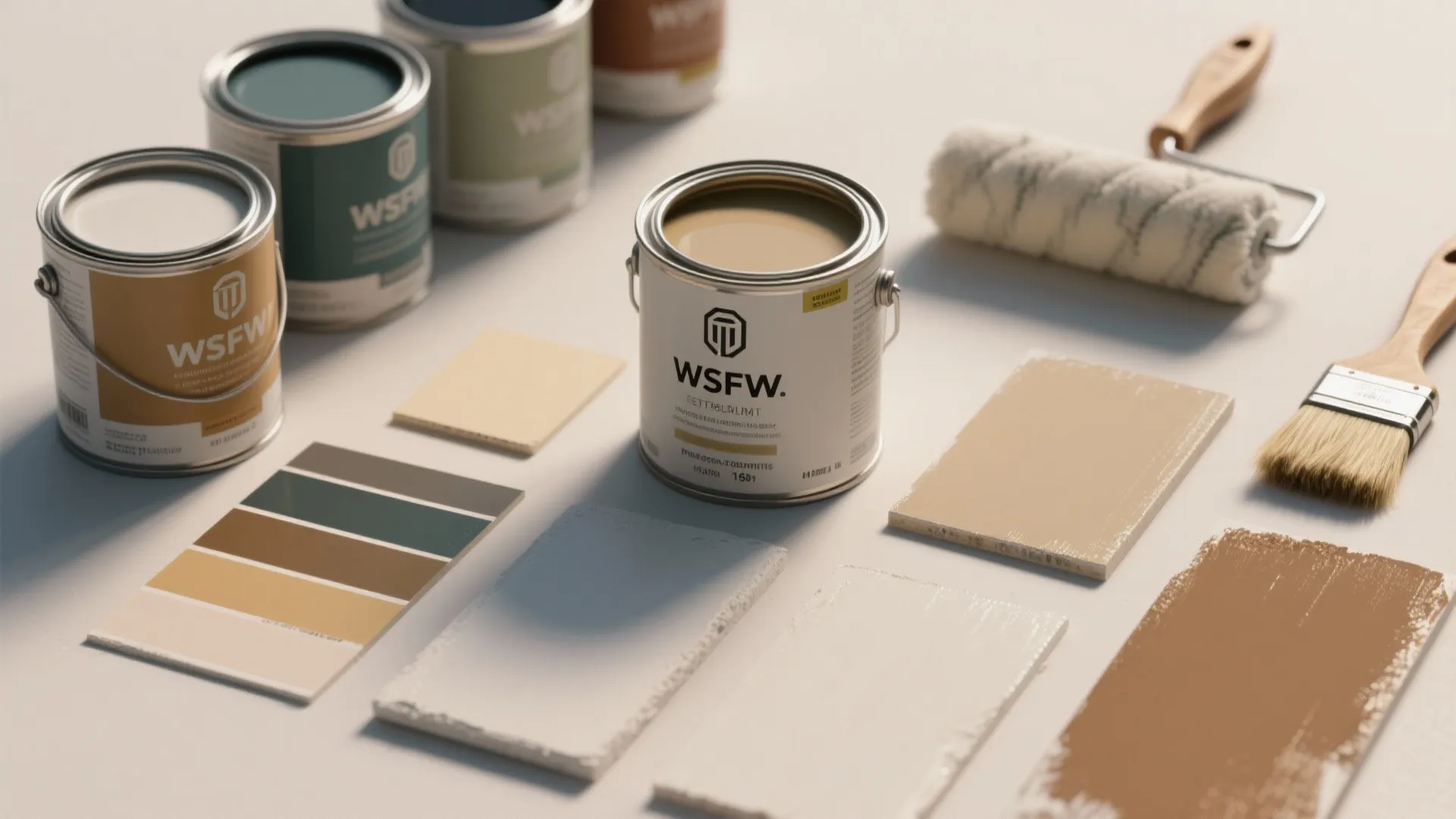 Multiple open paint cans color swatches roller and brush placed on floor for home renovation
