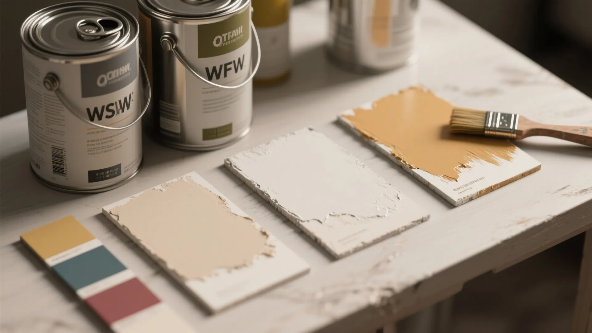 Metal paint cans and textured color swatches on a table with a small paint brush
