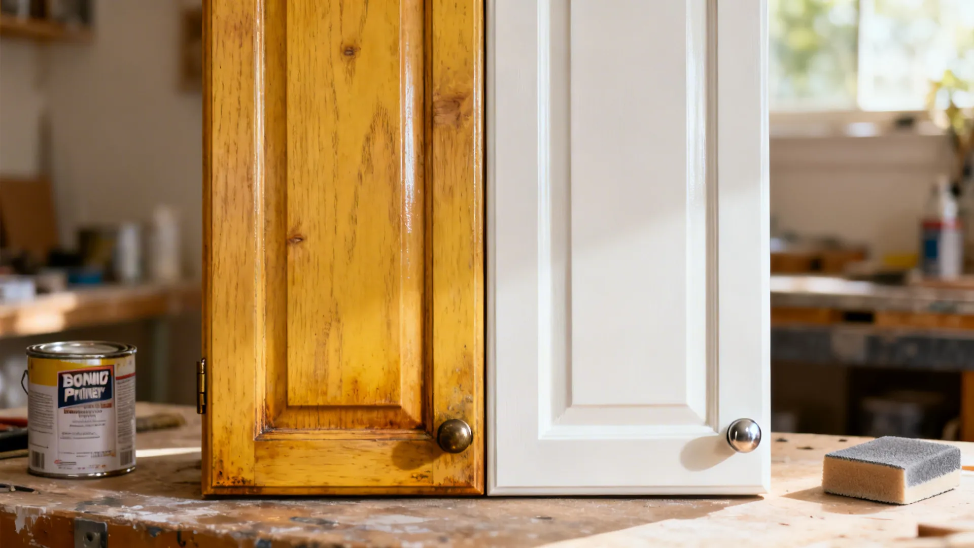 Before-and-after of a yellowed oak cabinet door repainted warm white with a smooth satin finish.