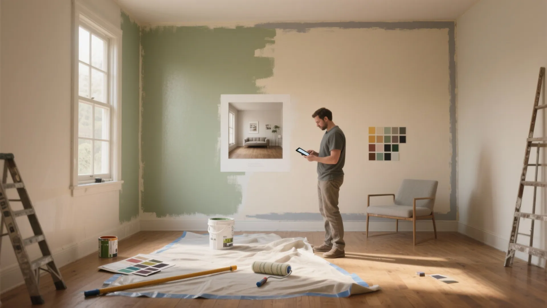 Man using digital tablet to plan green paint wall refresh in bright room with ladder