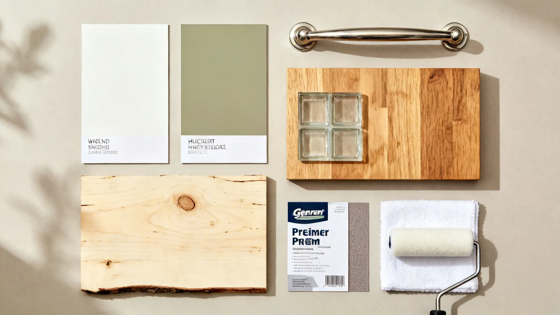 Top-down flat lay of white and sage paint chips, nickel pull, wood, and glass samples for cabinets.