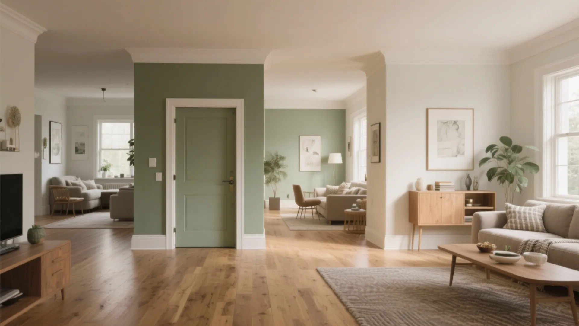Modern living room with green accent wall door wooden floor sofa cabinet and bright natural light
