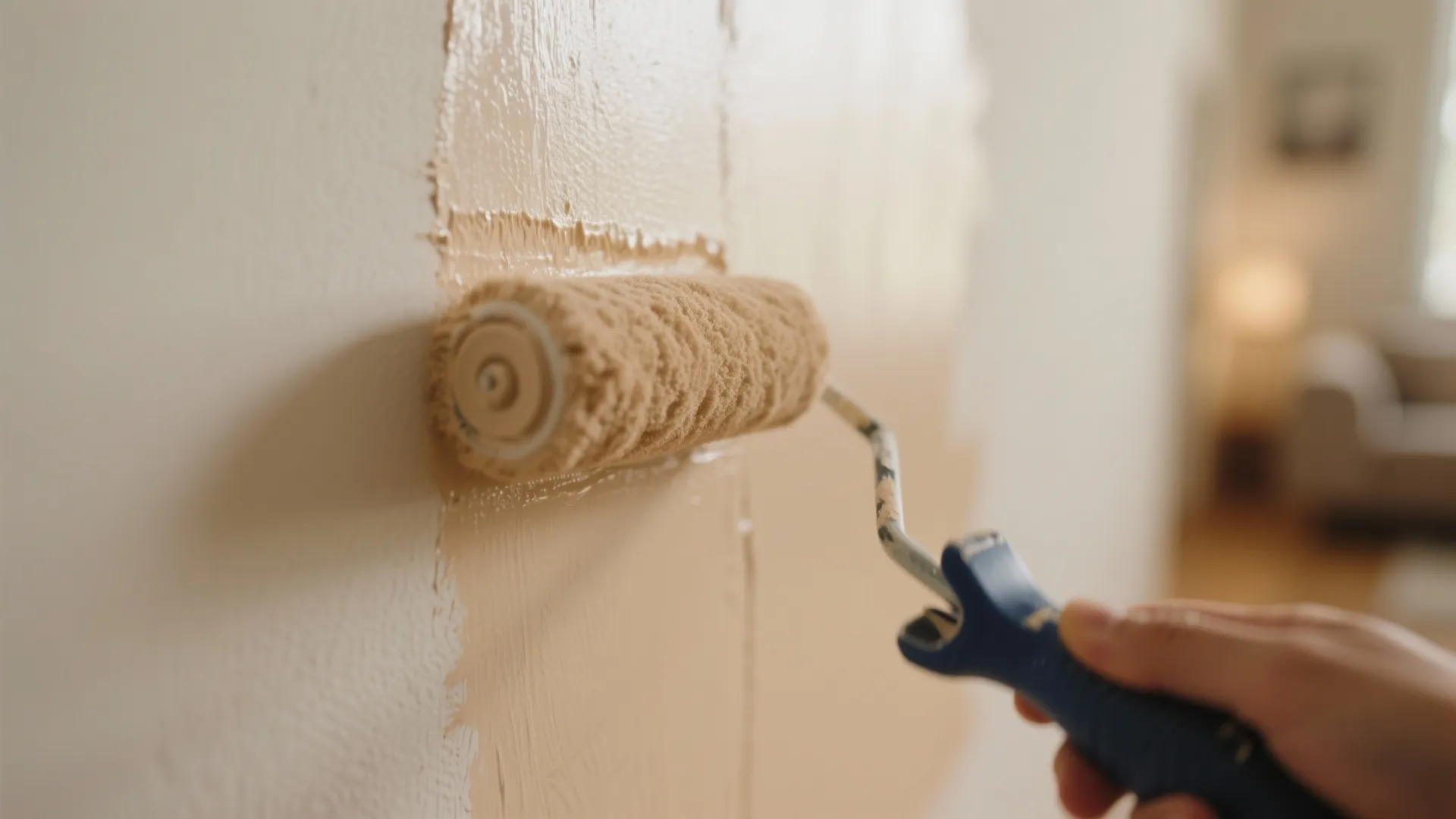 Close up view of a hand using a paint roller to apply beige paint onto wall