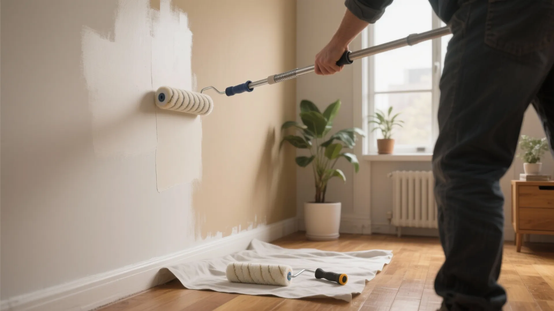 Person using extension pole with paint roller on beige wall near a green leafy plant