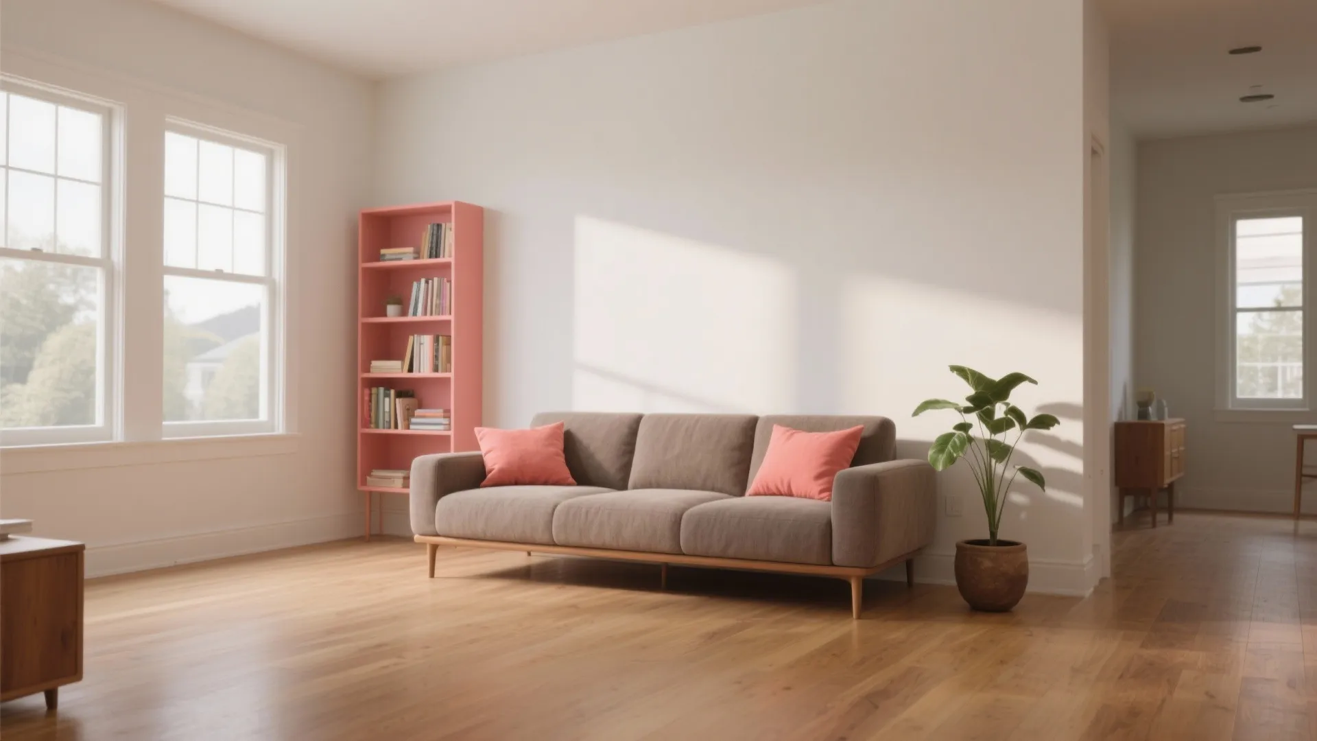 Bright living room with grey sofa pink pillows tall pink bookshelf and natural wooden floor