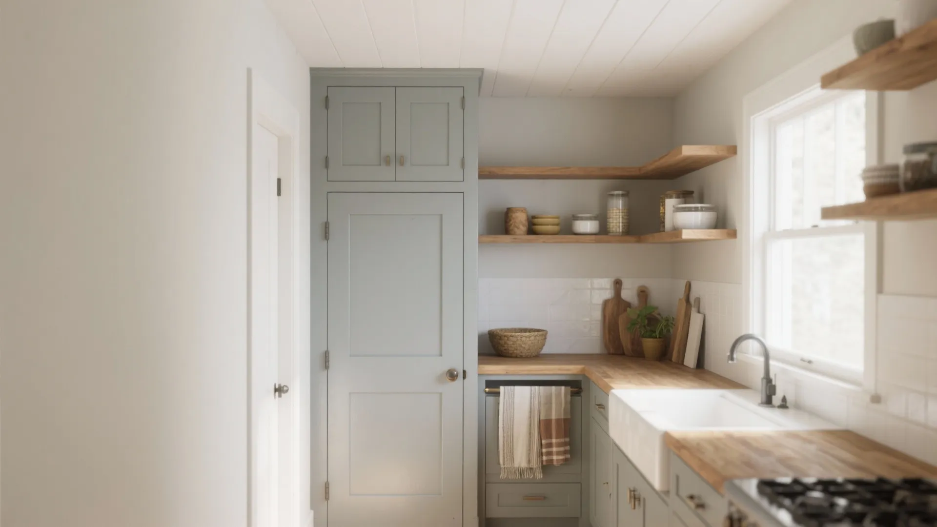 Small kitchen interior design with blue cabinets wood counters white sink and open wood shelves