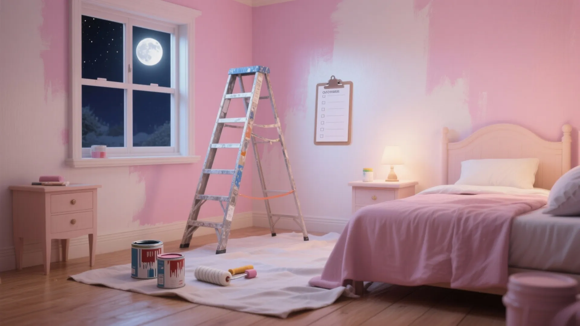 Pink bedroom under renovation with a ladder paint cans roller bed and moon inside window