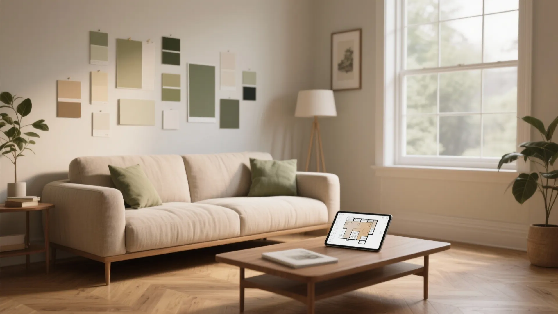 Modern living room featuring beige sofa green pillows wall paint samples and tablet floor plan design