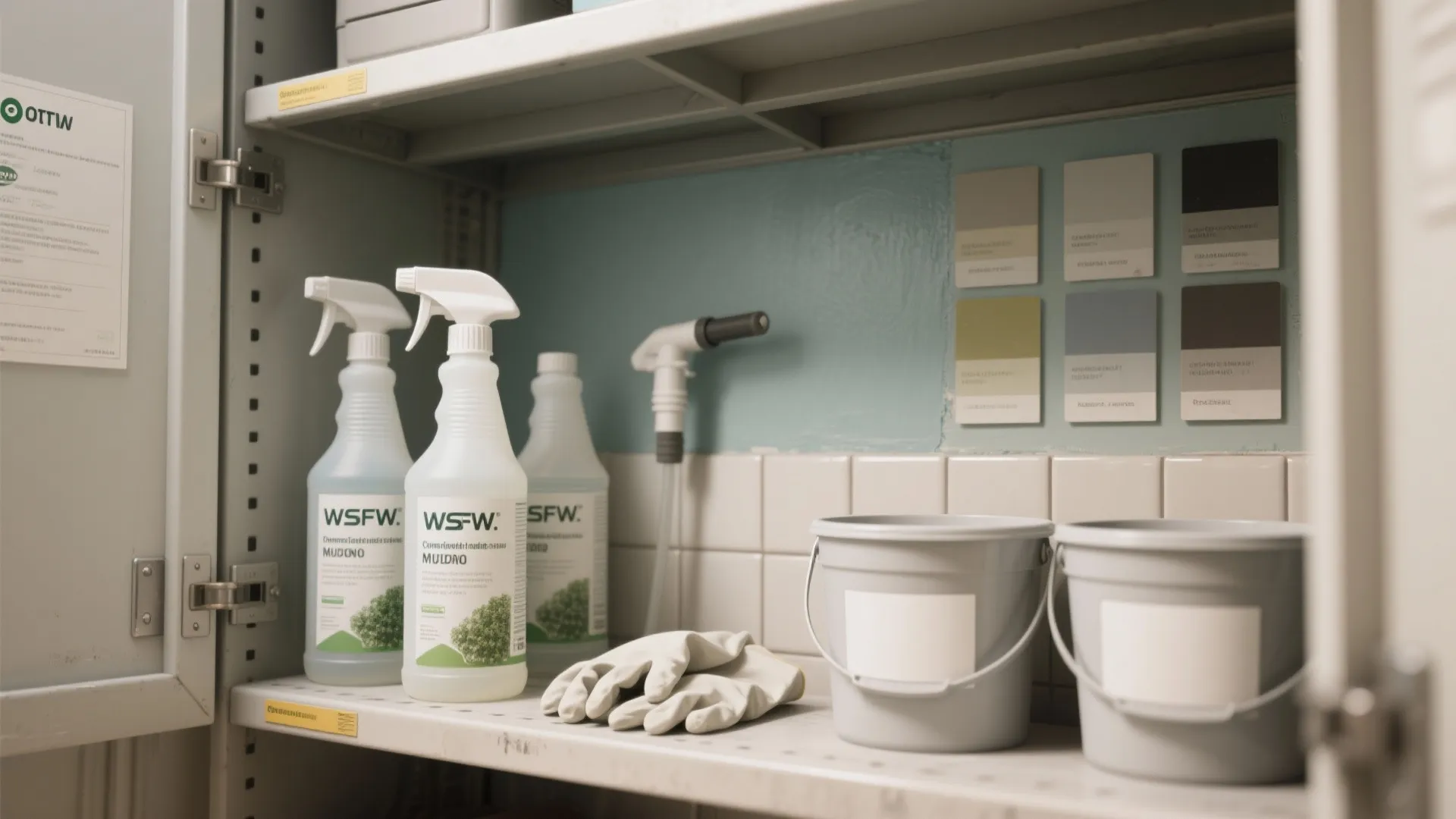 Tidy shelf of unbranded, paint-safe mould cleaner bottles, gloves and cleaning tools in a maintenance area.