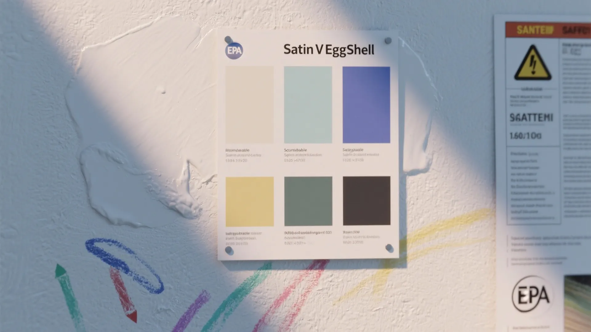 Safety information sign next to paint color samples and test marks on a white wall
