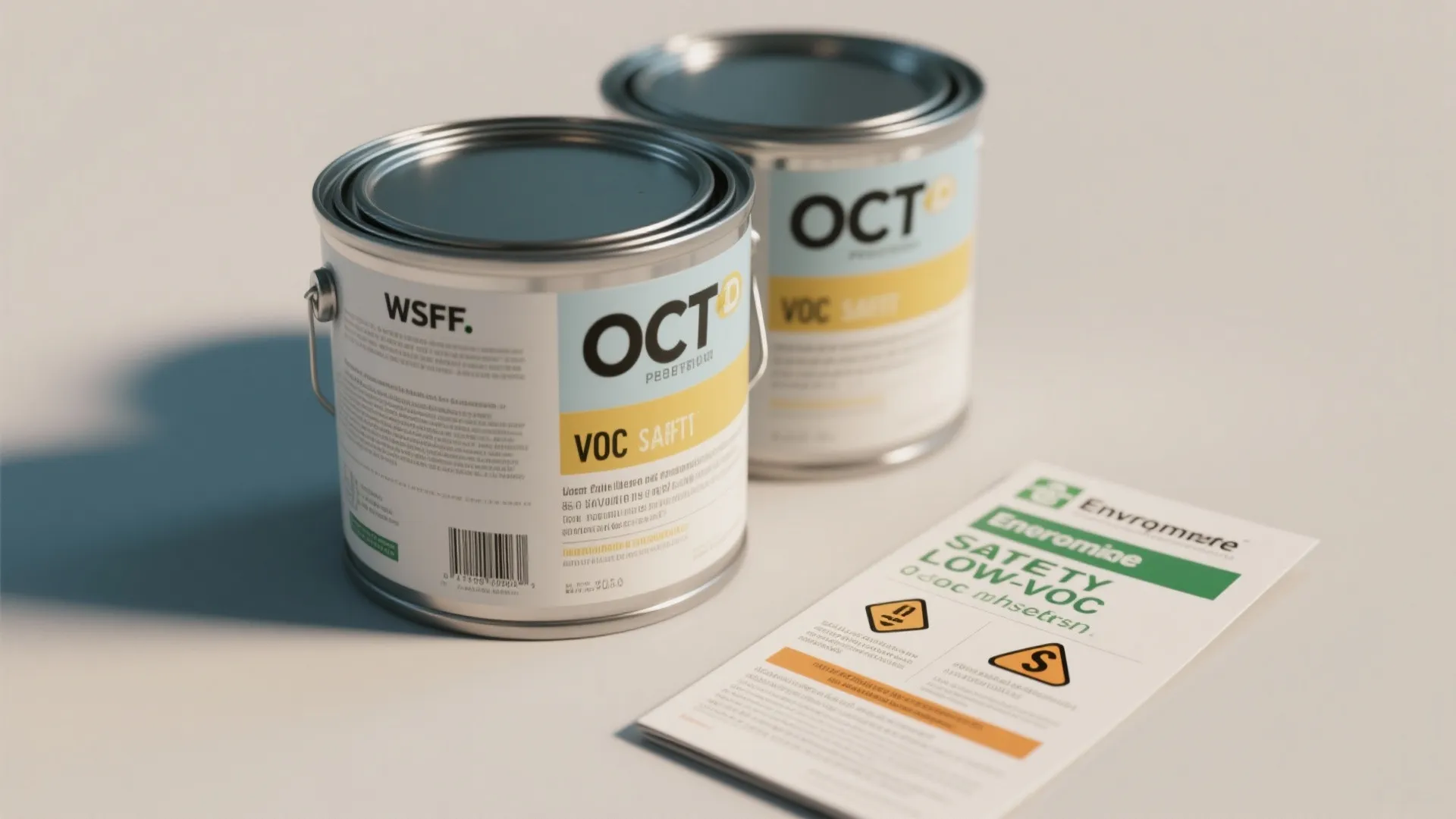 Two paint cans and a safety information paper showing low chemical warning labels on desk