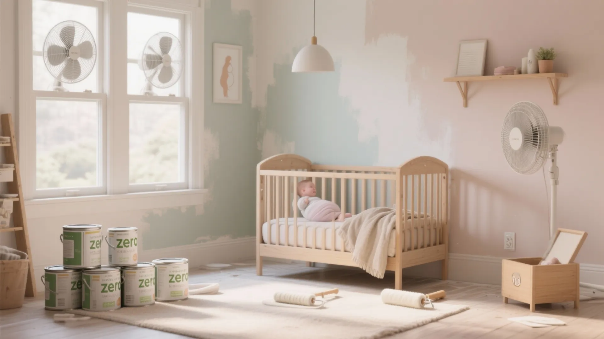 Baby in wooden crib in room with paint cans and electric fans by open window