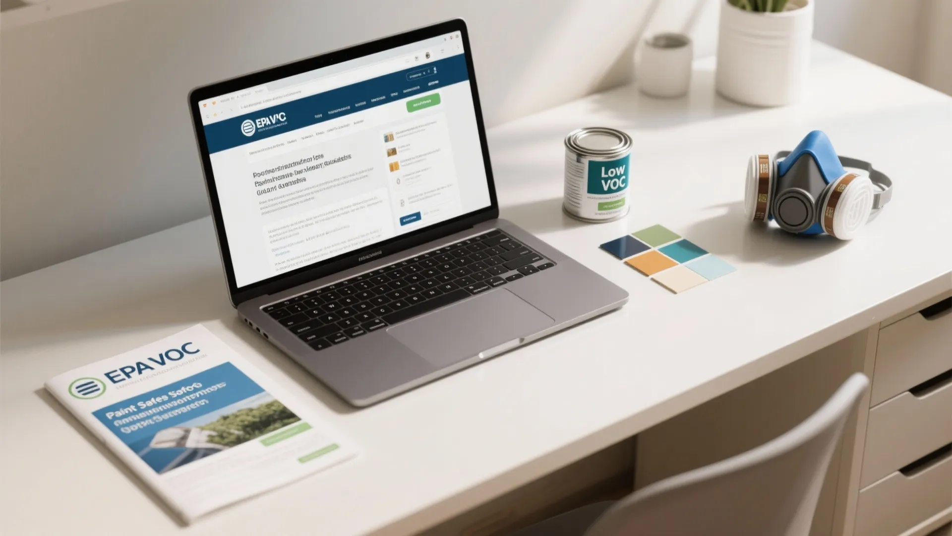 Laptop on white desk showing safety website next to a face mask and paint can