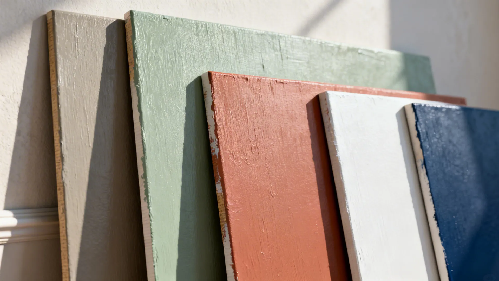 Paint sample boards showing greige, sage, terracotta, soft white and navy under natural light.