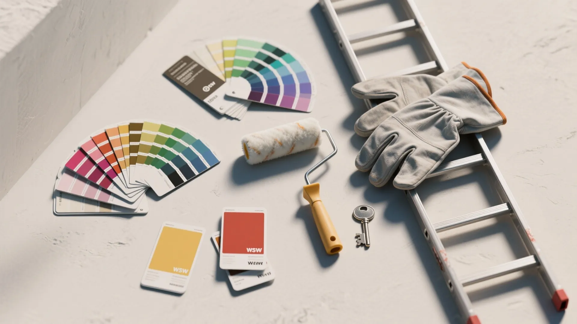 Flatlay of paint swatches, roller, and sample cards on a neutral surface.