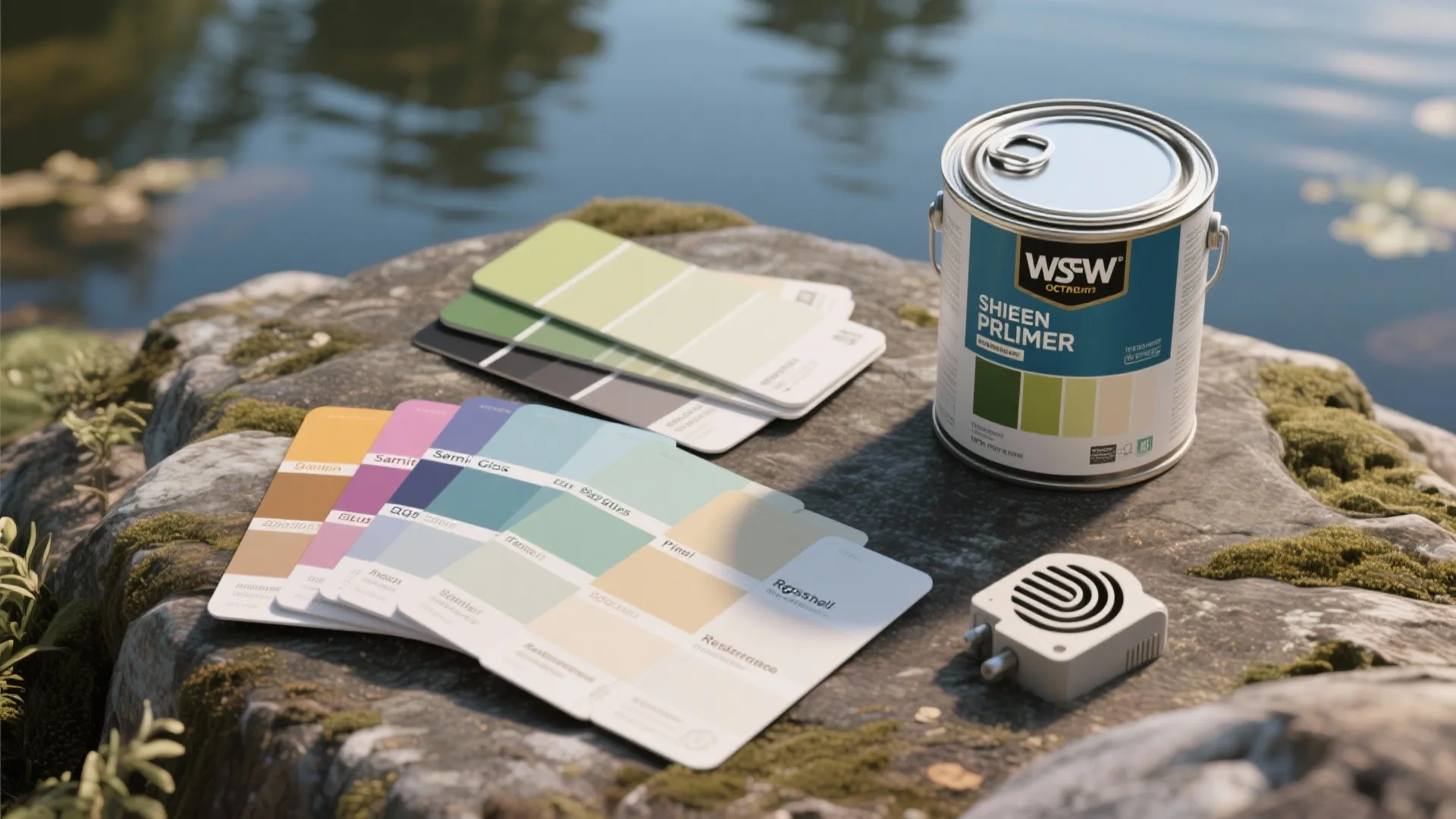 Flatlay of paint swatches, sheen chips and primer sample illustrating paint choices and finishes for lake homes.