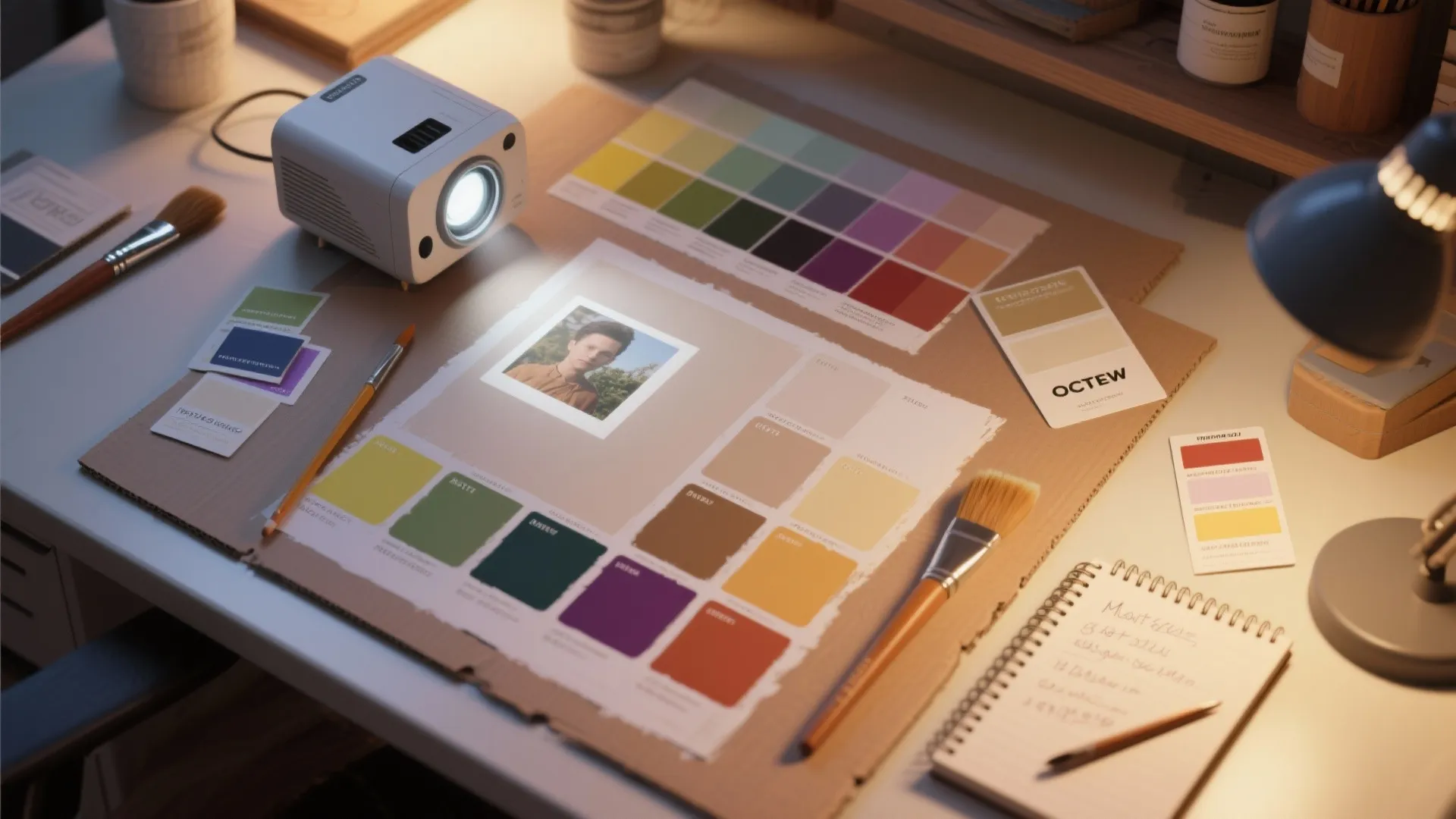 Desk with paint color samples small white projector brushes and notebook for interior design planning projects