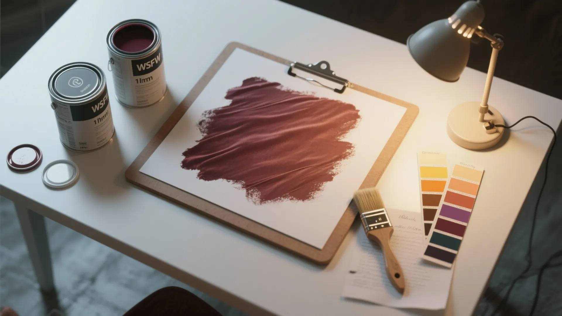 White desk with paint cans color swatches brush and clipboard showing a dark red paint sample