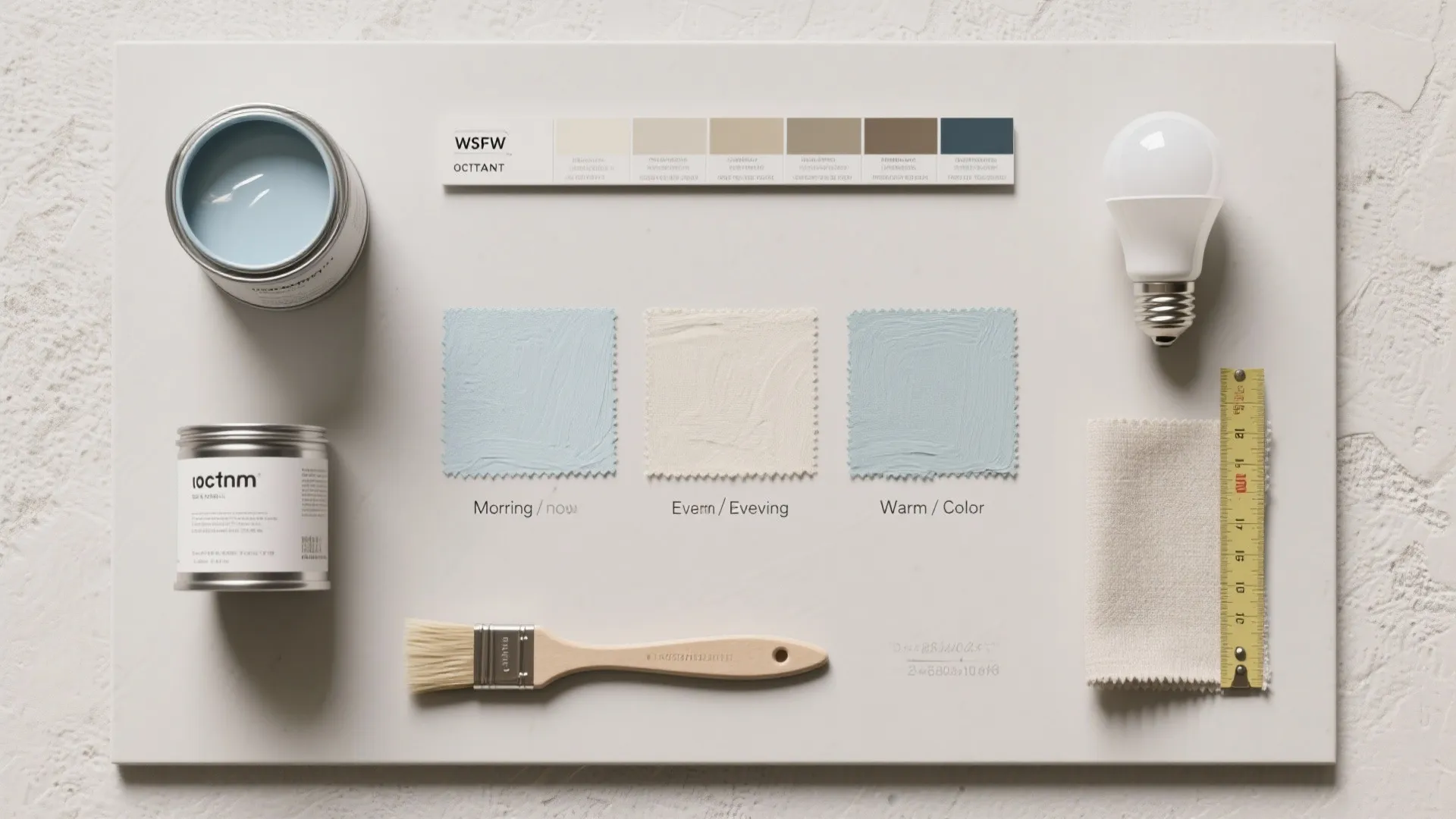 Flatlay display of light blue paint cans, color swatches, wooden brush, light bulb, and ruler