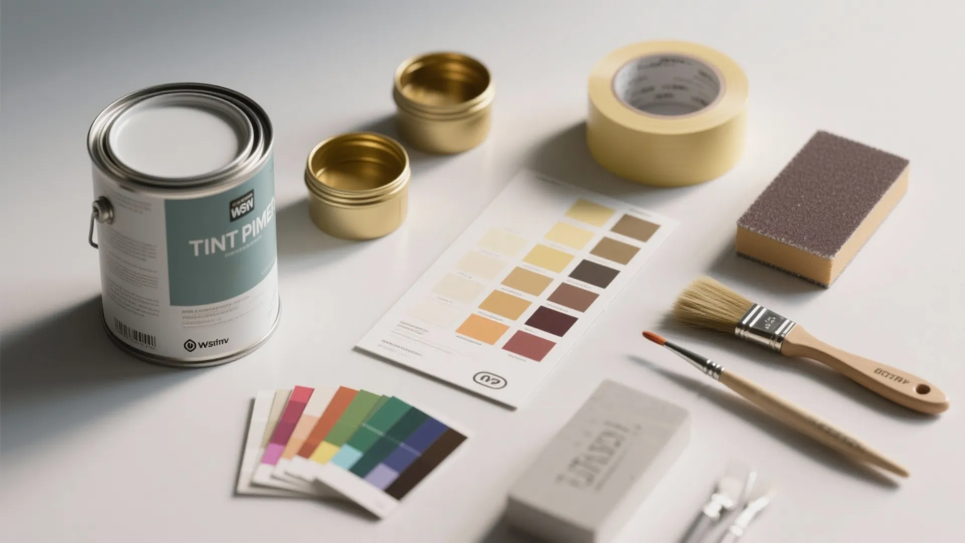 Top-down flatlay of tinted primer, gold sample pots, test panel, brushes and painter's tape for paint testing.