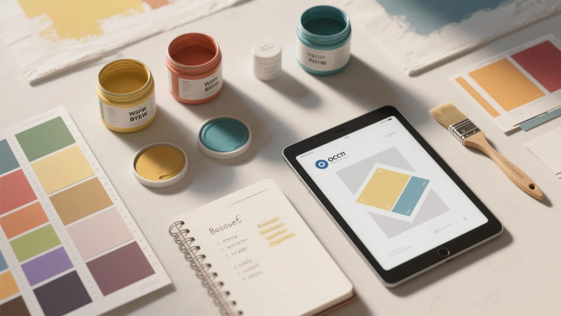 Interior design workspace with paint cans color swatches tablet paintbrush and a spiral notebook on desk