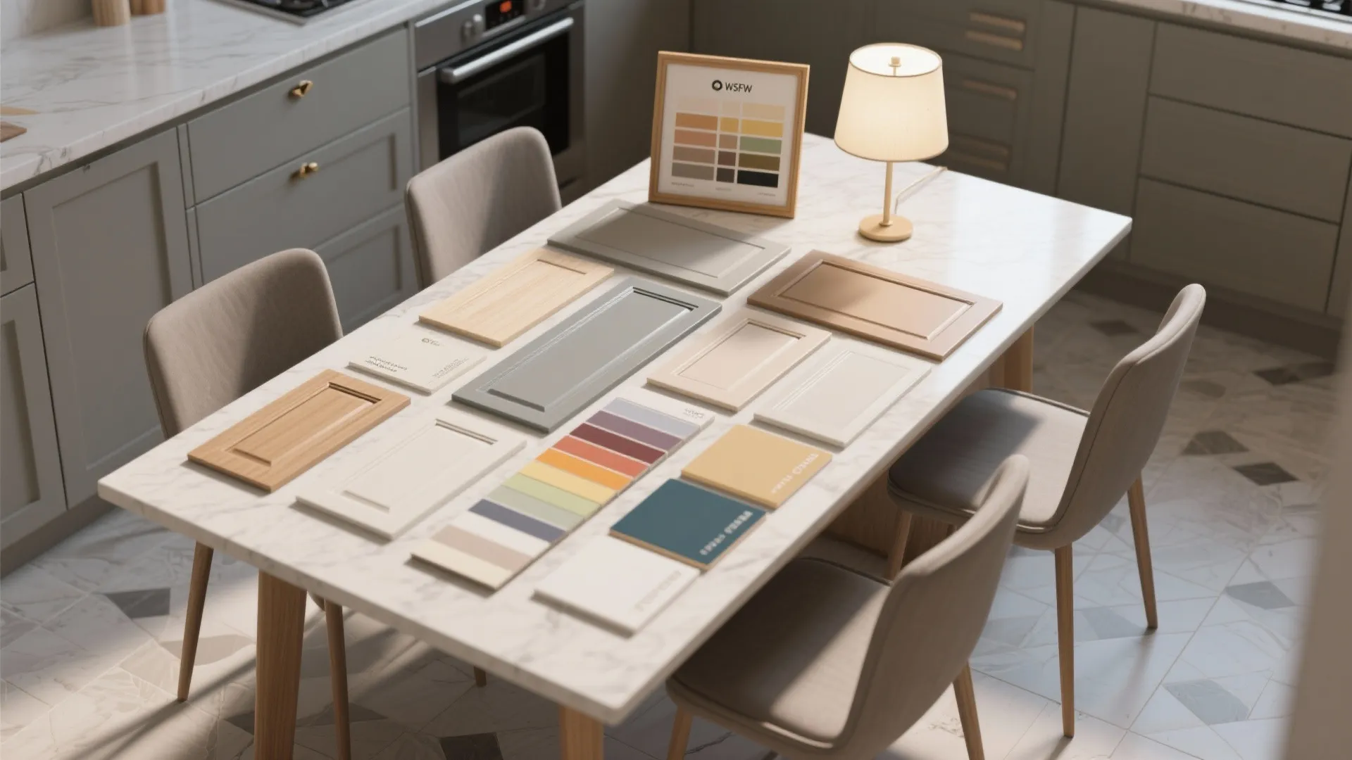 Cabinet door panels and color swatches on a white kitchen table with a table lamp