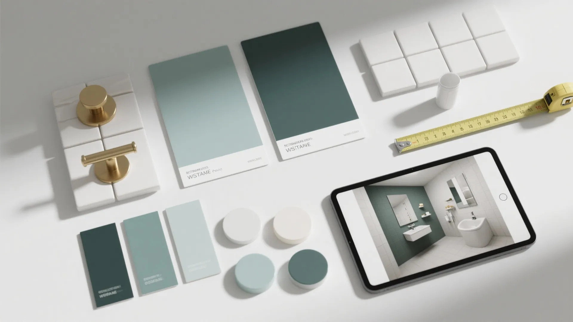 Flatlay of paint swatches, finish chips, tiles and a tablet showing a 3D bathroom render for testing one-color schemes.