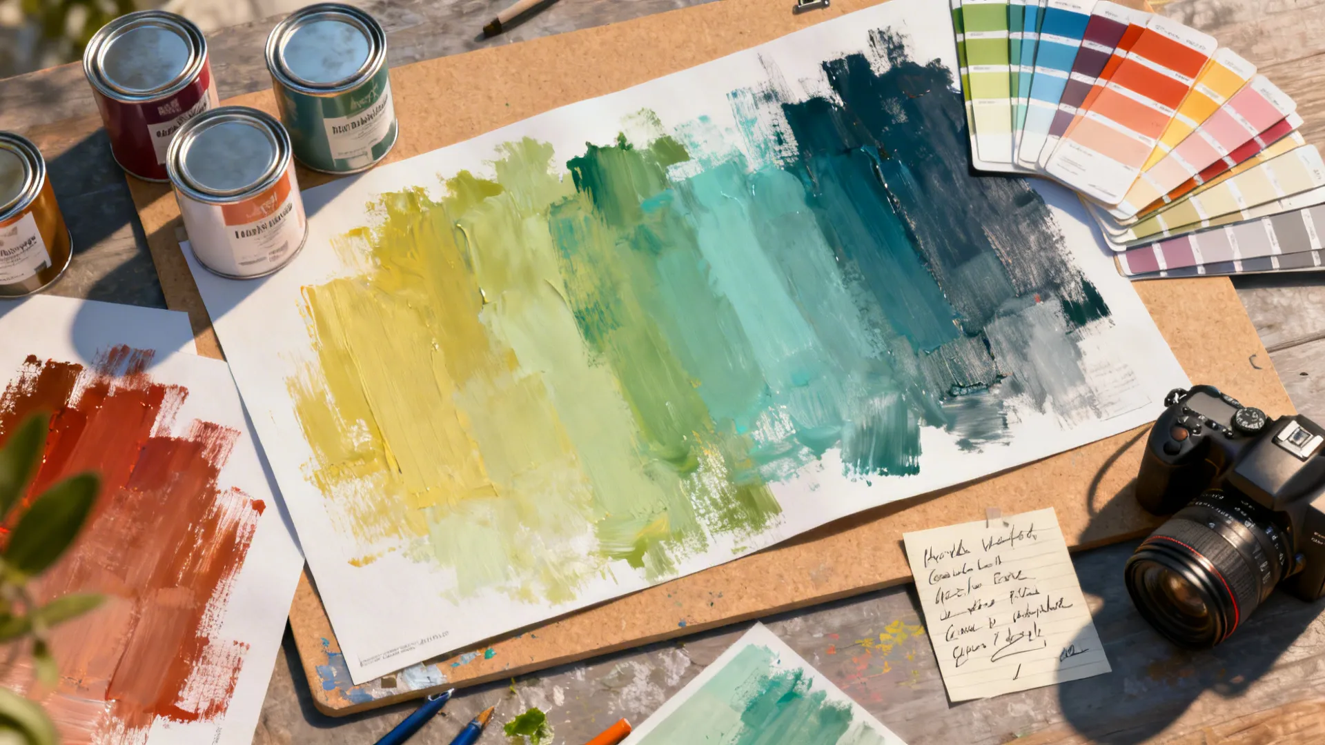 Paint cans and color swatches on a table with a camera and a handwritten note