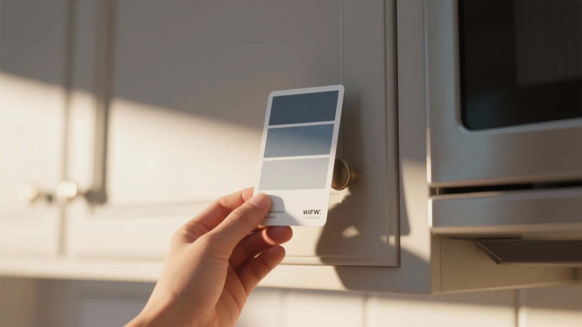 Hand holding blue paint sample card against cream kitchen cabinet with gold handle in sunlight