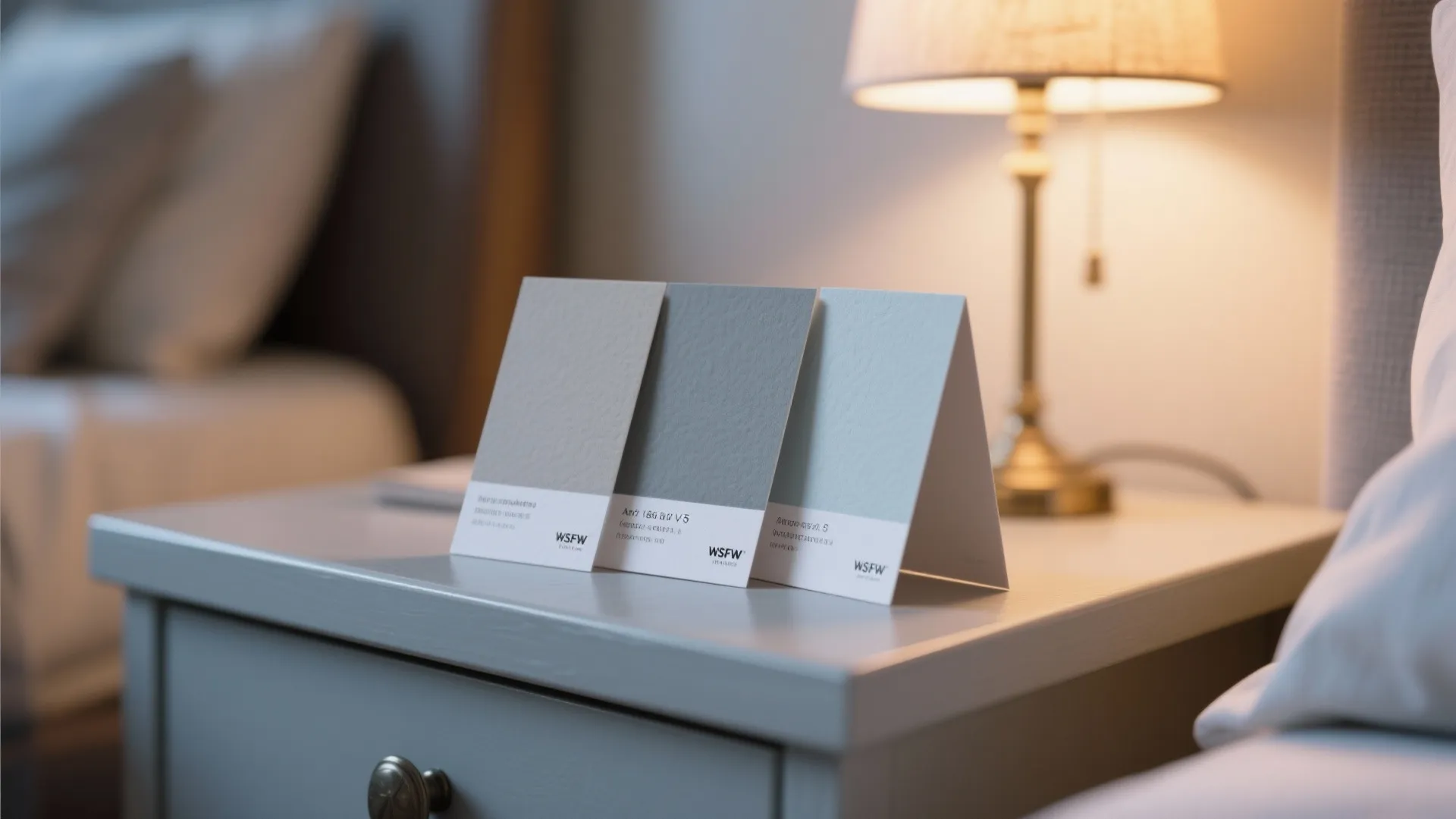 Macro of paint sample cards showing greige, cool grey and blue-grey undertones on a bedside table