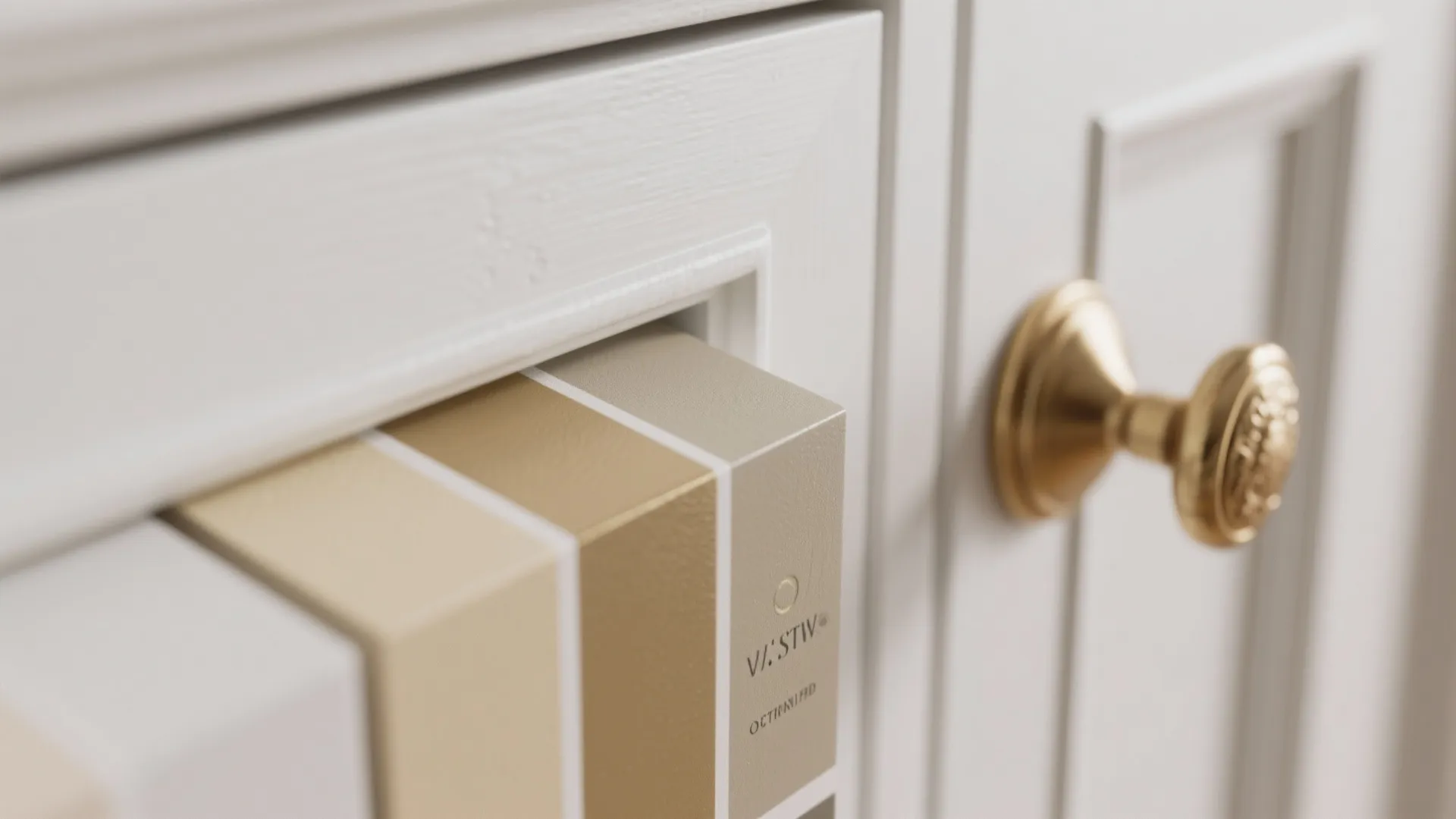 Macro close-up of paint samples beside white cabinet trim and brass hardware showing finishes