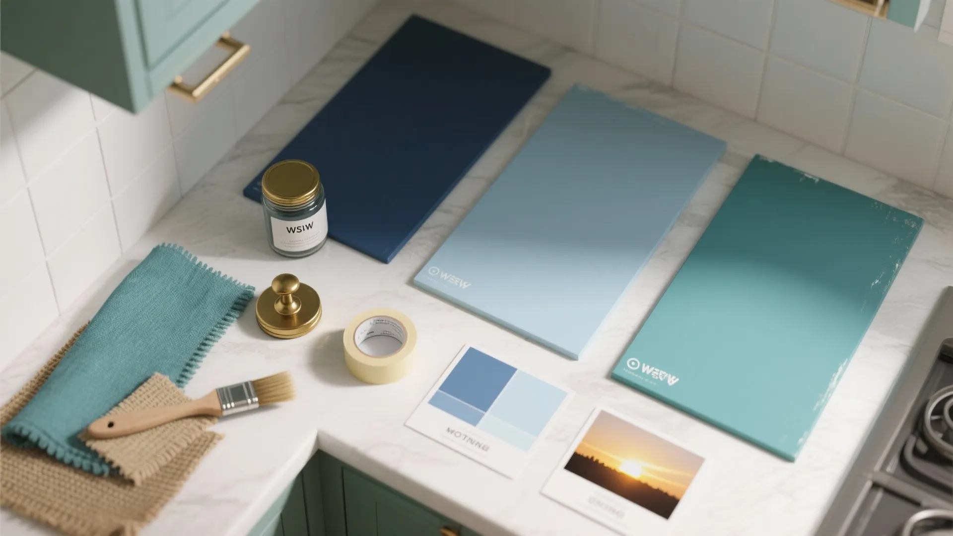 Blue and green paint color samples with brush and tape on a white marble countertop