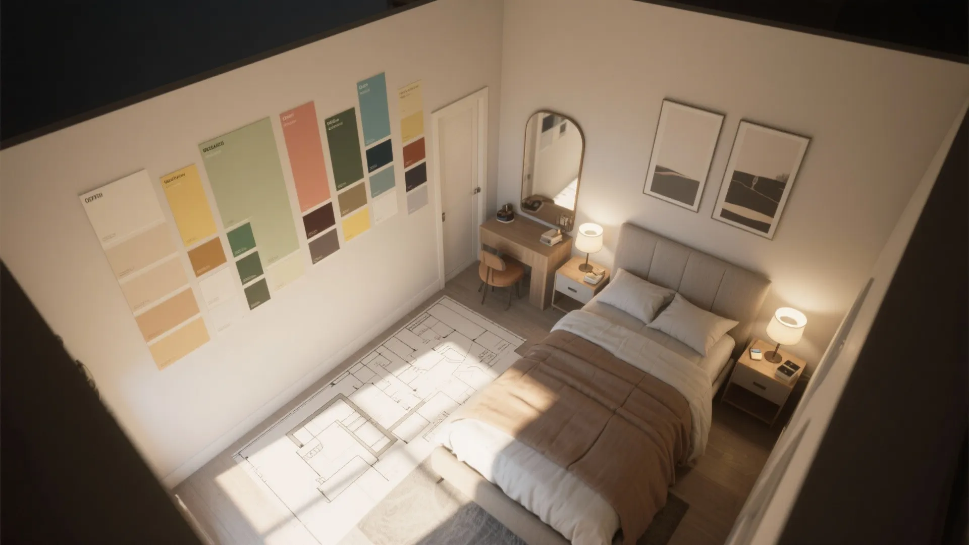 Top-down room planner view with paint swatches and lighting zones to test dark gray at different times.