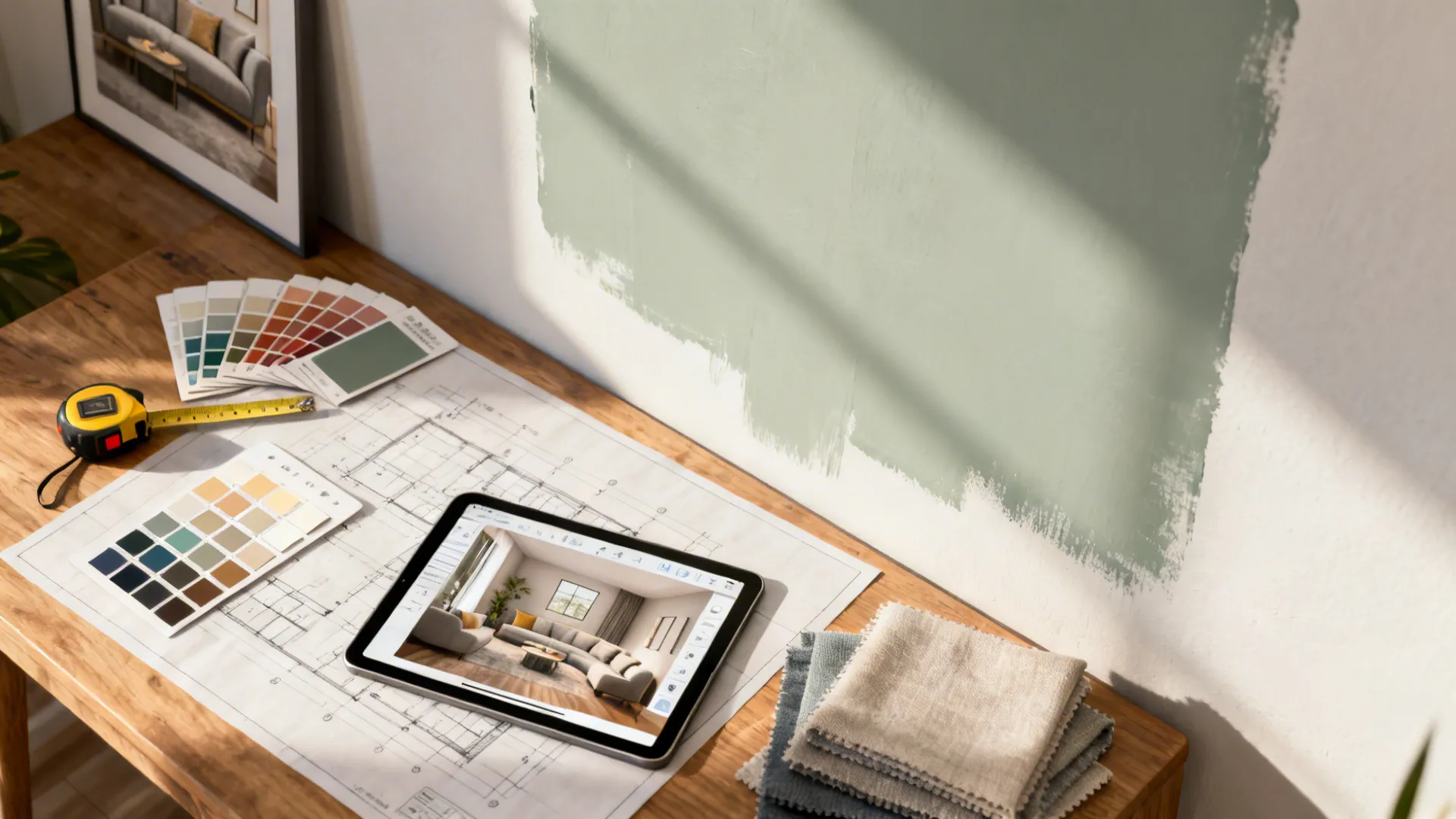 Top-down layout of paint sample patches, swatches, fabric samples and a tablet with a 3D room planner.