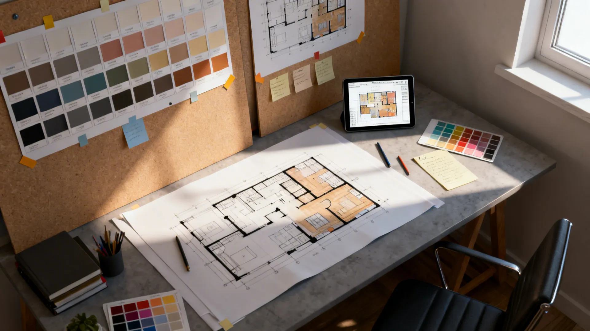 Top-down view of paint sample boards, floor plan sketches and a 3D planner on a tablet.