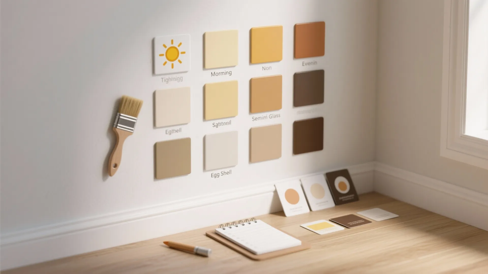 Various paint color samples on white wall with wood floor plus a brush and notebook