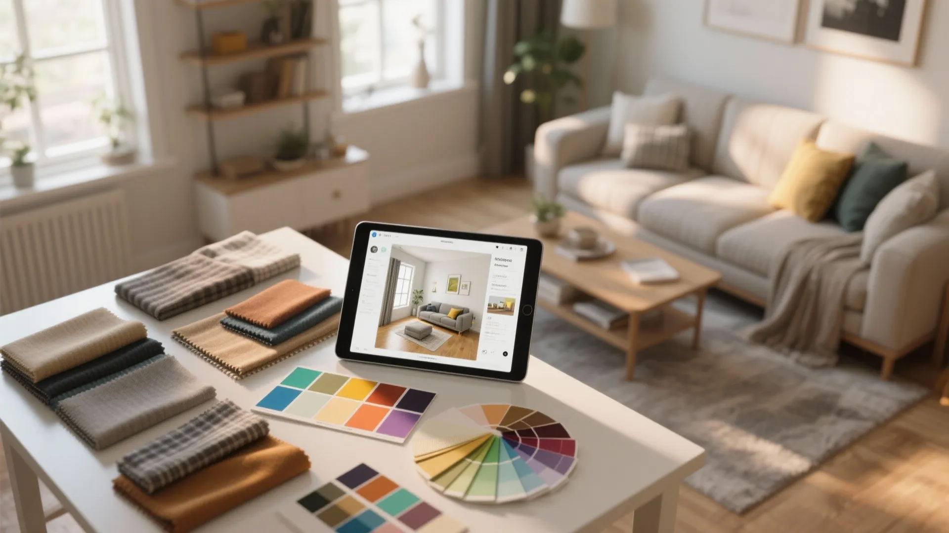 Interior design planning with fabric samples and color palette displayed next to a tablet screen