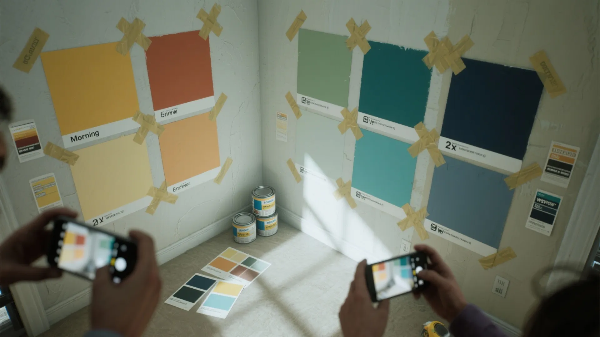 Large 2x2 foot paint sample patches on walls with tape, cans and a phone documenting morning and evening tests.