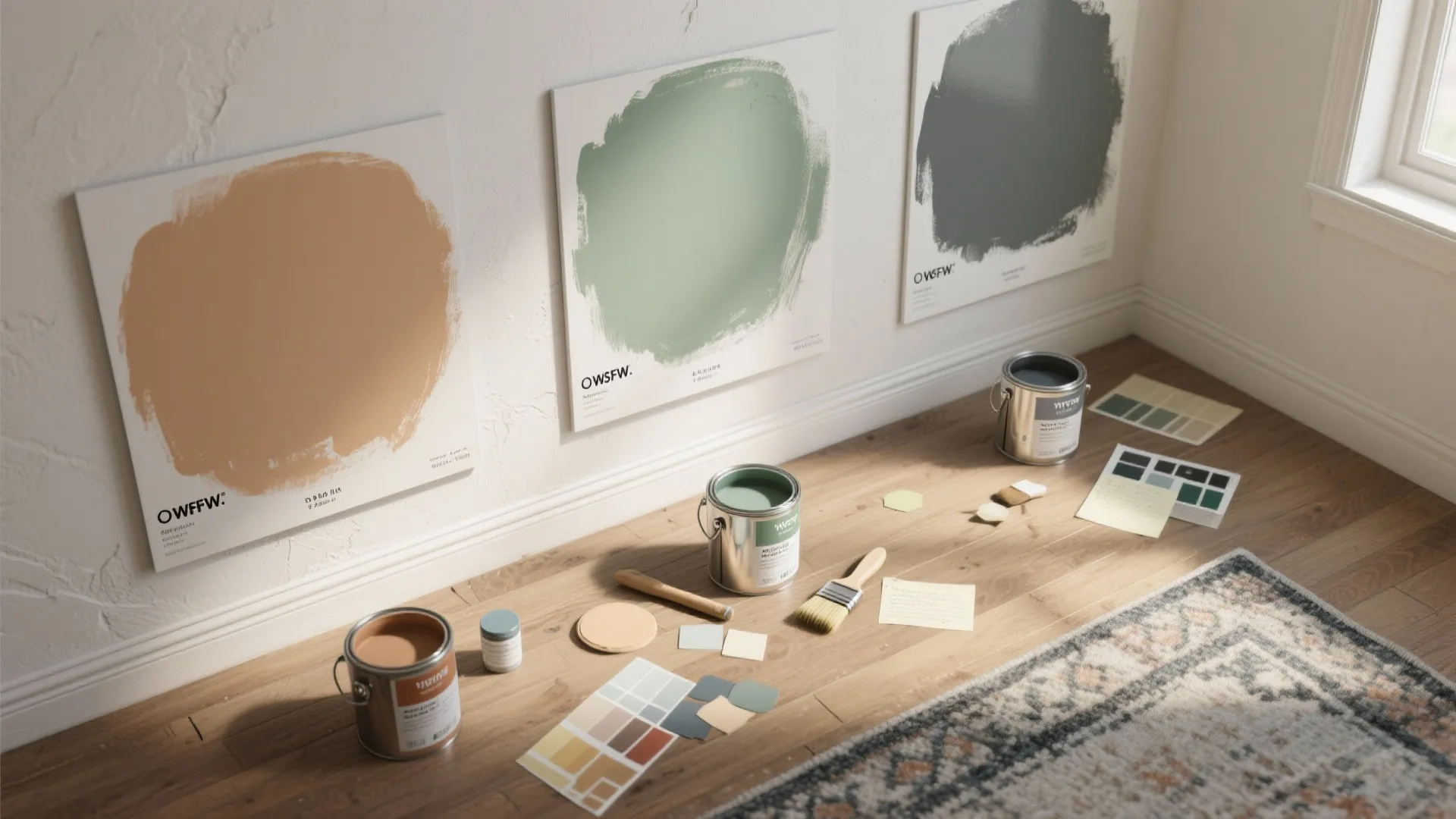 Three paint color samples on white wall with paint cans brushes and wood floor rug