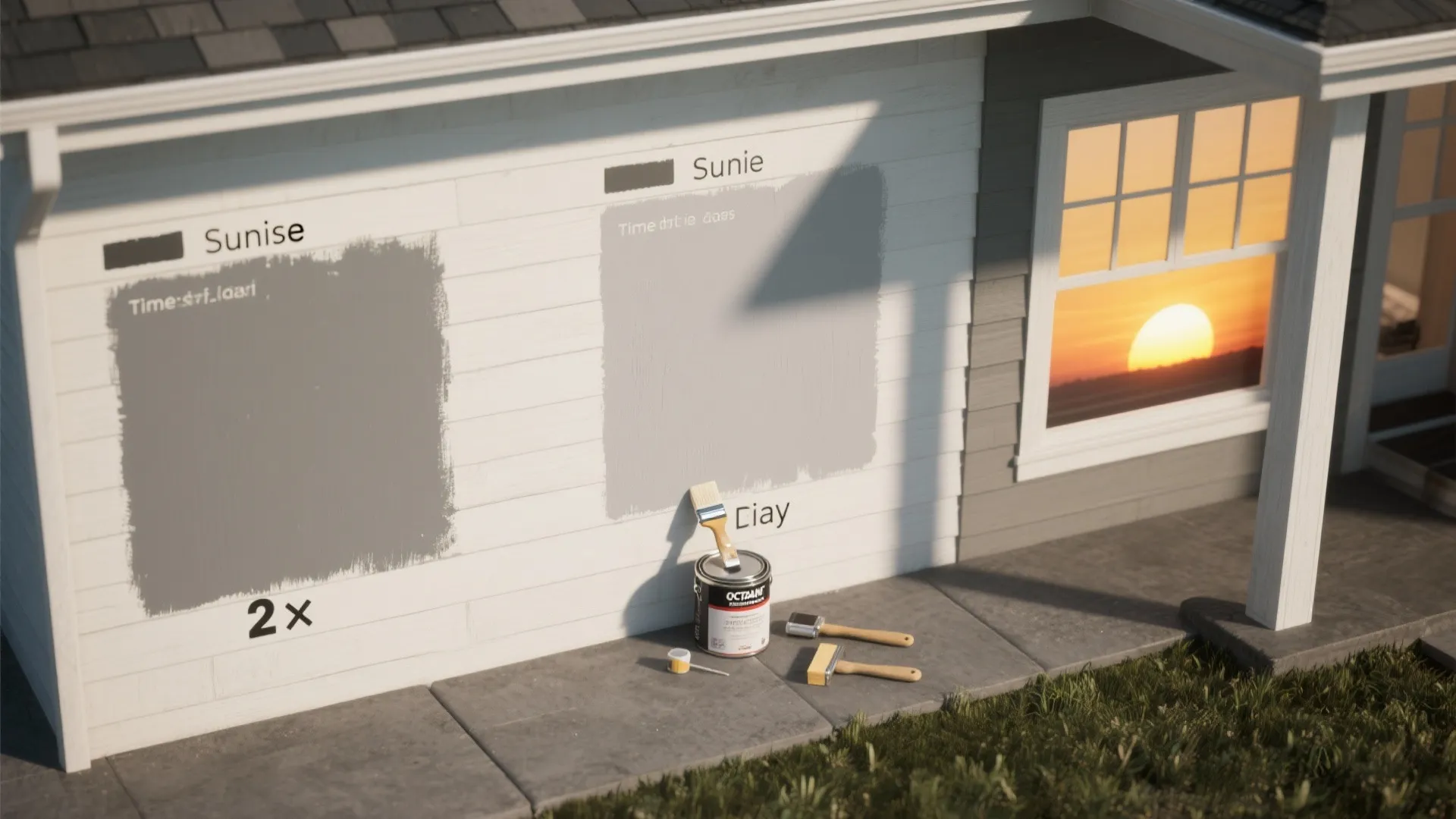 Two grey paint patches on a white wall with a paint can and brushes nearby