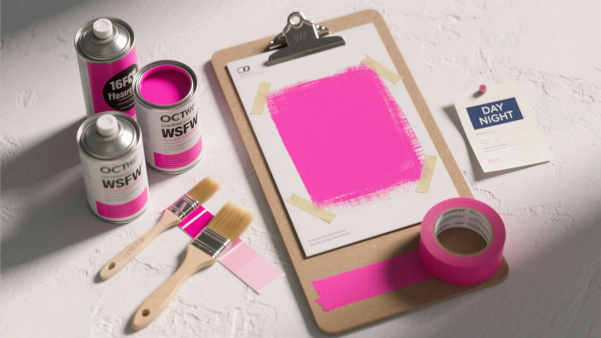 Paint sampling kit with 1x1m test patch, neon paint cans, primer and brushes on a sample board.