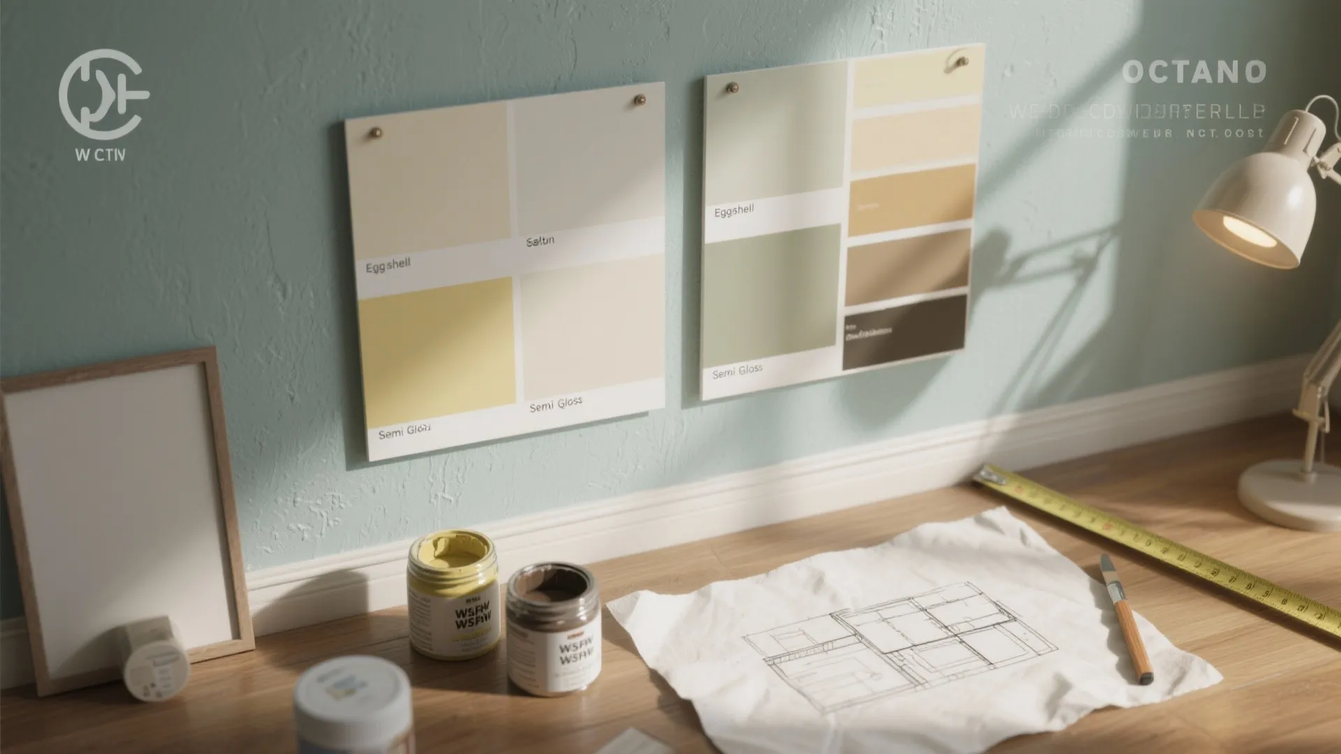 Top-down of paint test samples on a wall, tester pots, and a sketch showing how to test colors over several days.