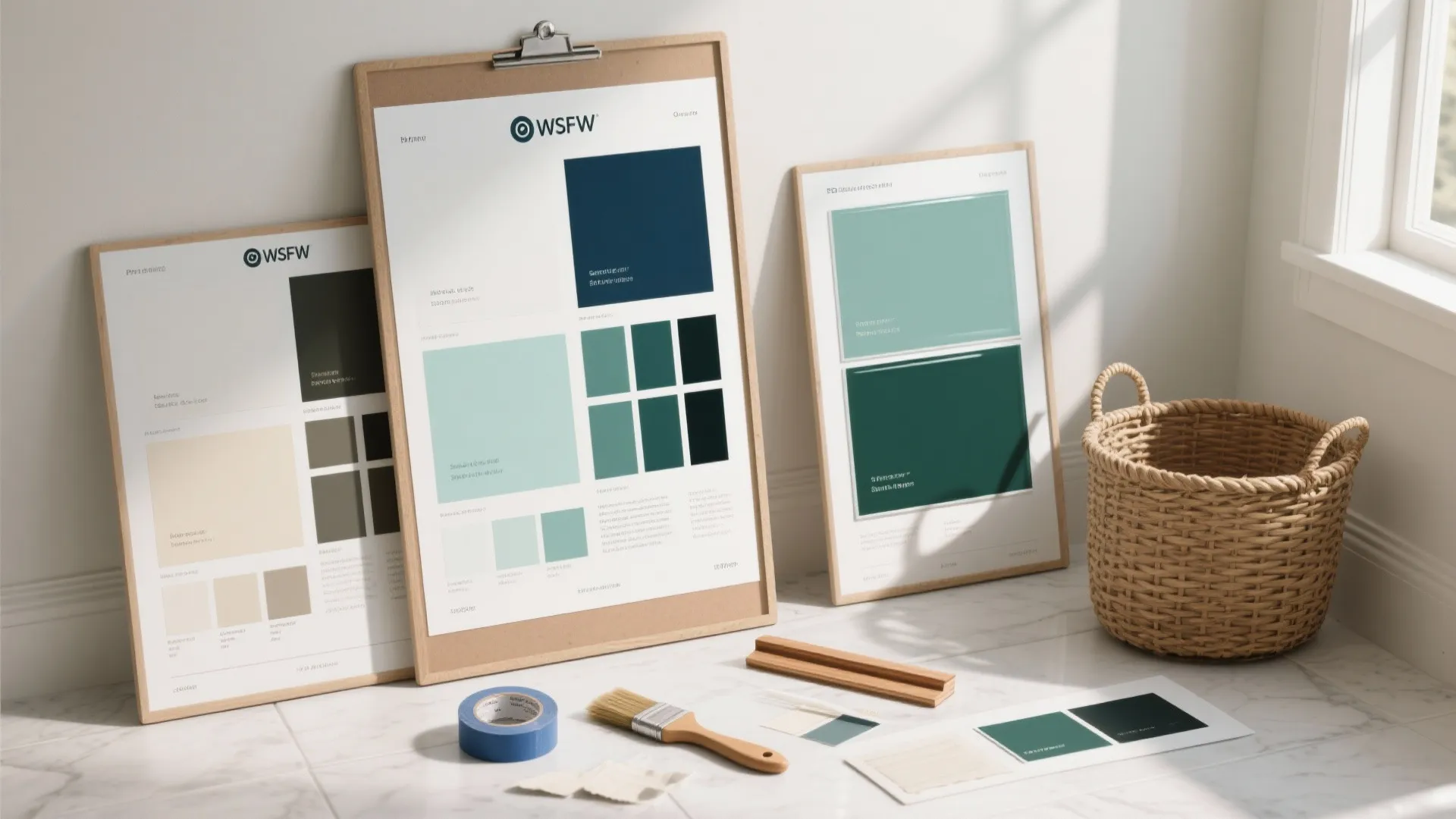 Interior design mood boards with paint samples blue tape and brush on white marble floor