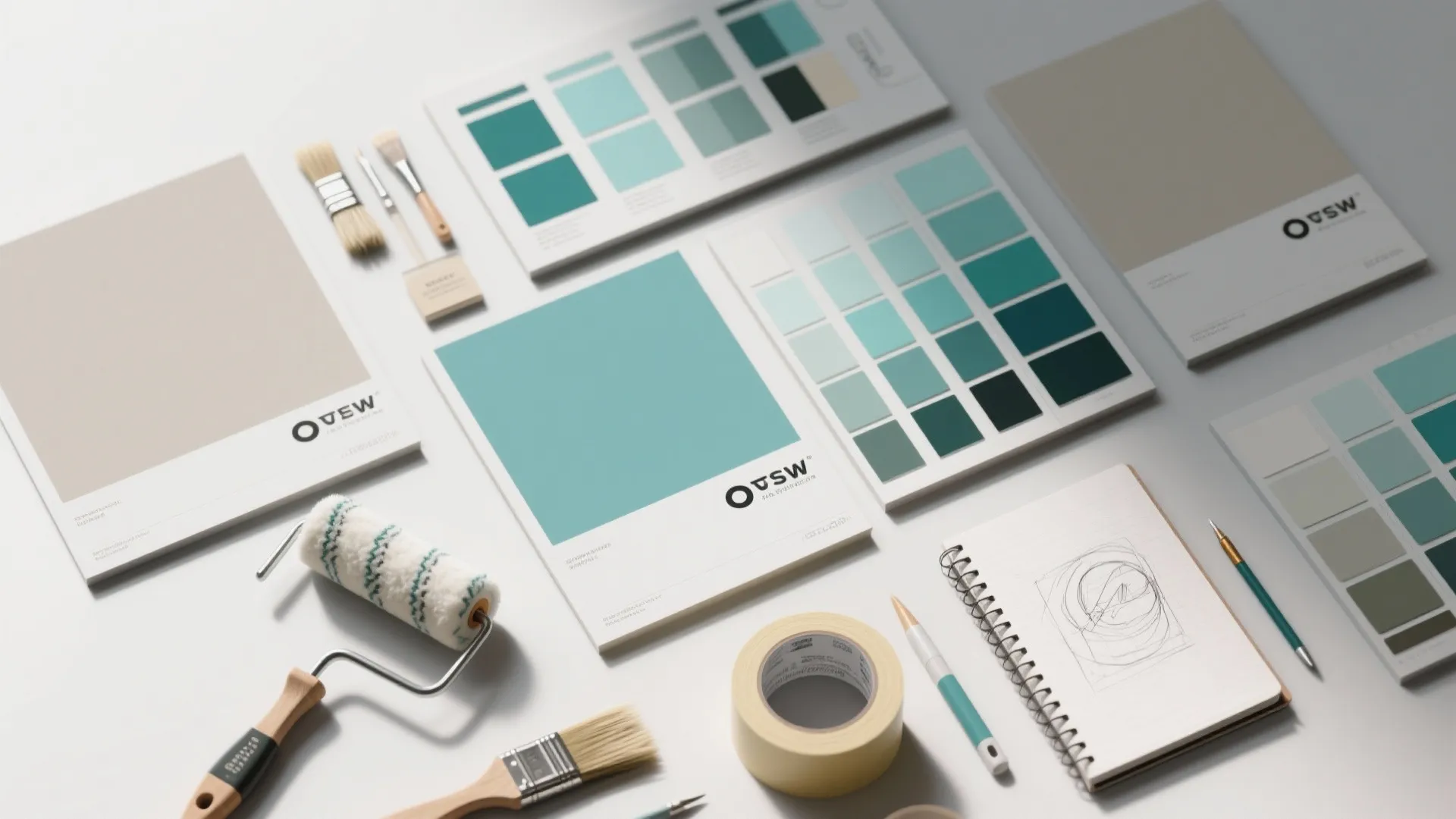 Top-down flatlay of paint sample boards, swatches, brushes, rollers and tape for testing small-space colors.