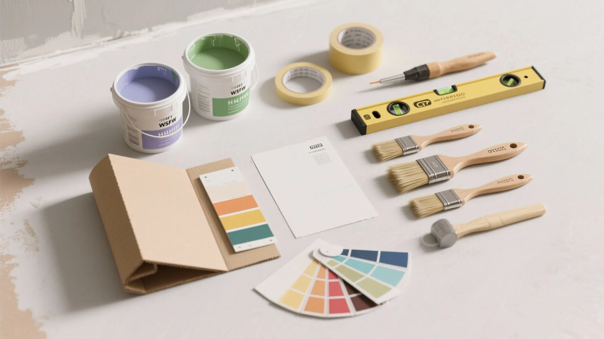 Home renovation tools including paint cans color samples brushes measuring tool and tape on white floor