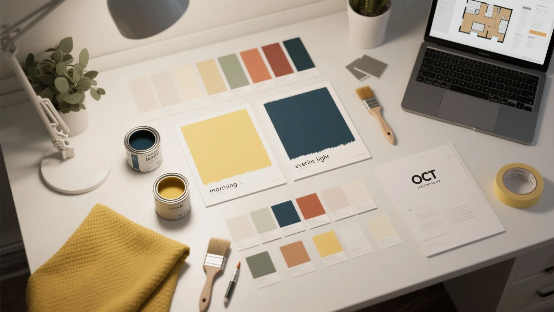 Interior design desk with paint color samples brushes laptop showing floor plan and table lamp