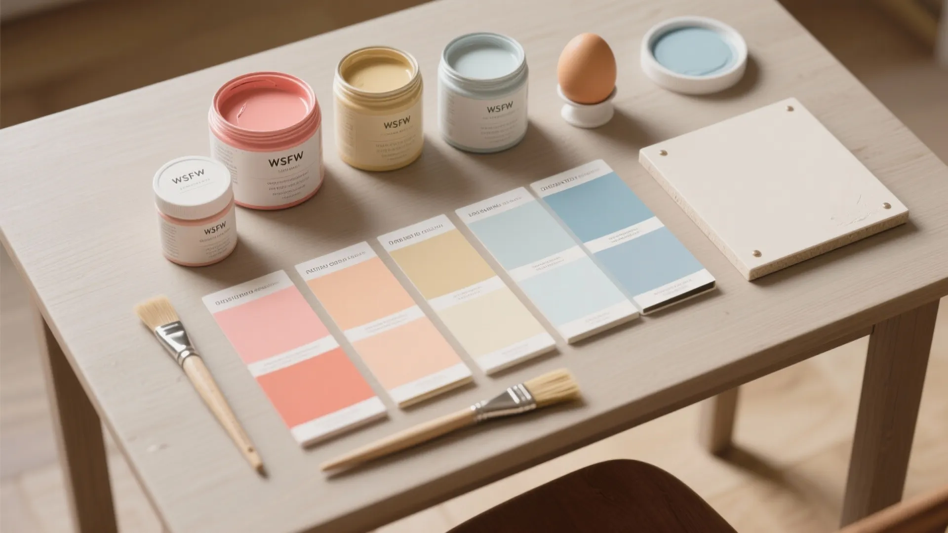 Top-down flatlay of paint samples, swatches and brushes showing sunrise ombre palette