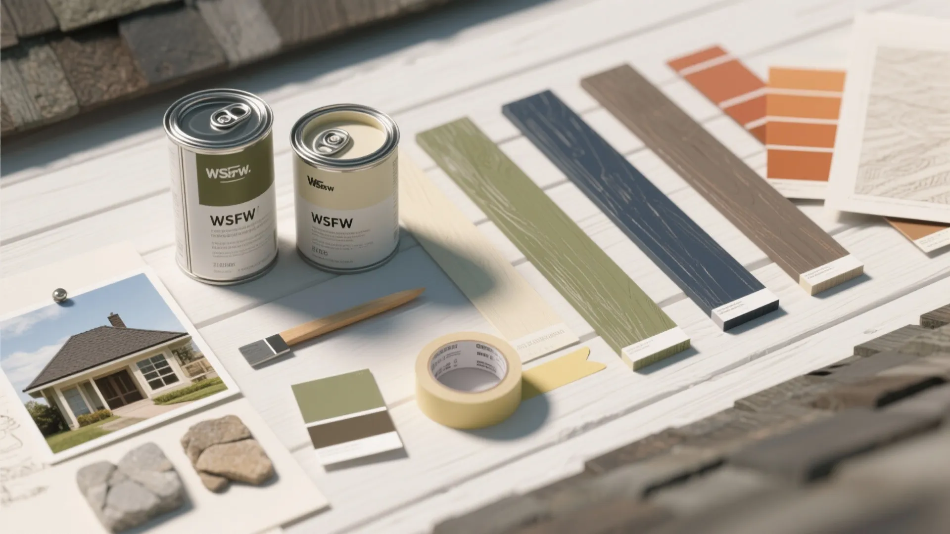 Construction materials with paint cans color samples wood planks brush tape and house design photo
