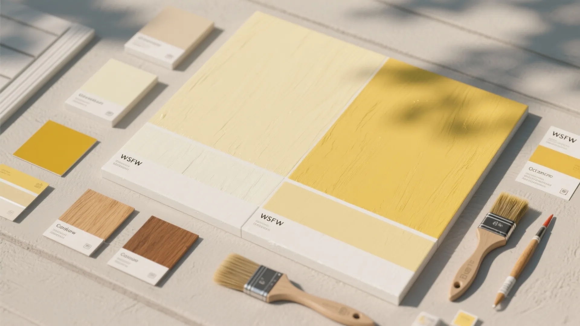 Top-down flatlay of large paint sample panels, trim whites, wood stain chips and swatches under soft daylight.