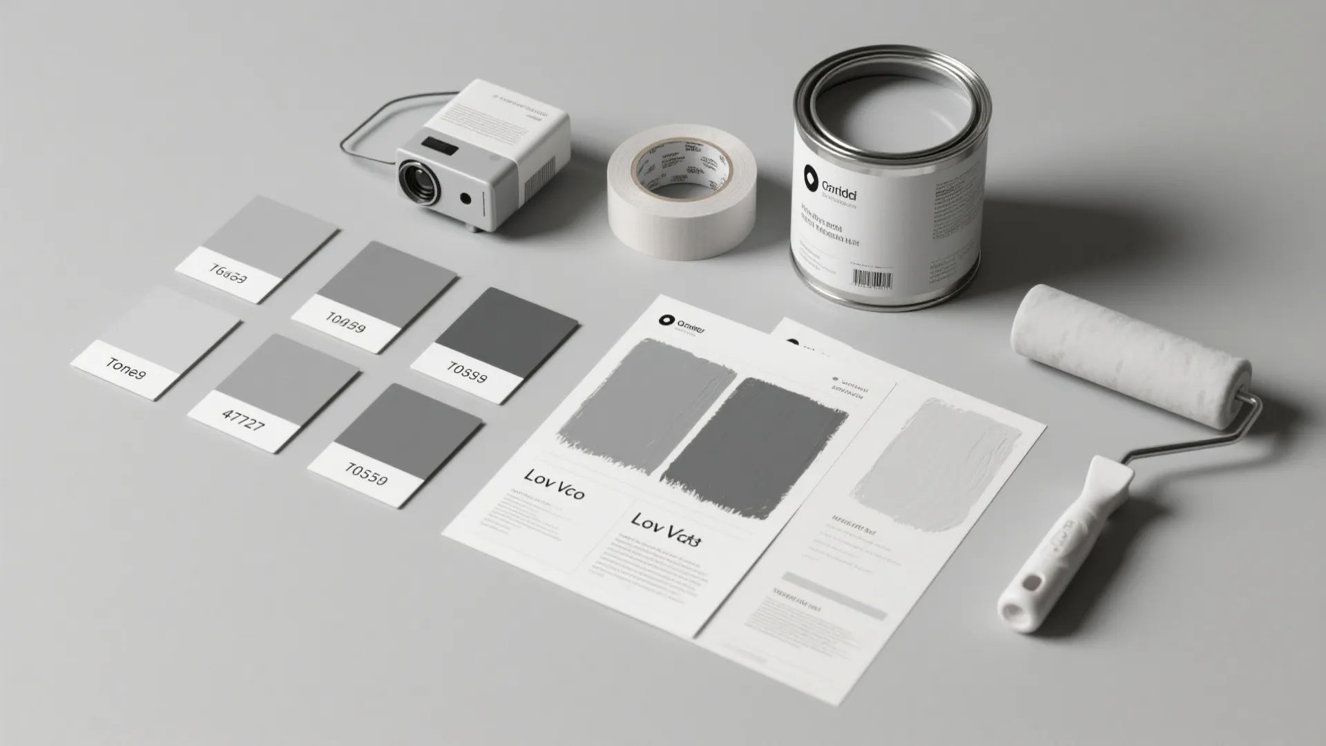 Grey paint samples displayed with a paint can tape a small projector and roller tool